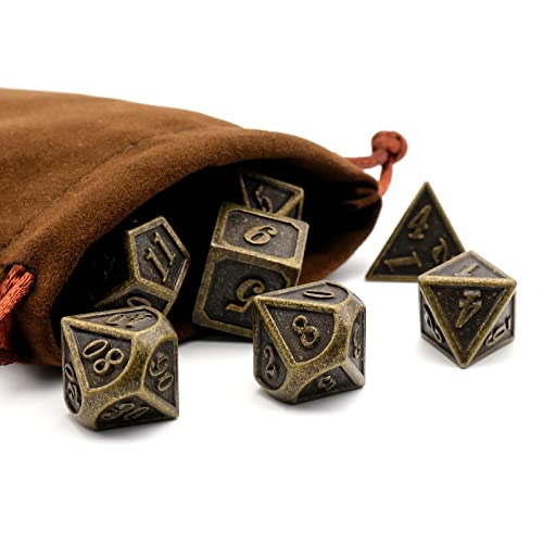 Metal Dice Set, HNCCESG Polyhedral D&D Dice for Dungeons and Dragons RPG DND Dice for Role Playing MTG Tabletop Gaming Shadowrun Pathfinder 7PCS D20 D12 D10 D8 D6 D4（Antique Bronze） - color: Antique Bronze