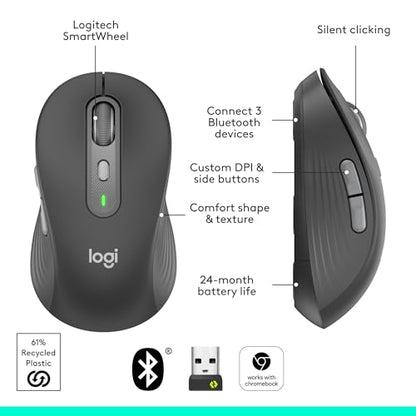 Logitech Signature Plus M750 Wireless Mouse – for Small to Medium Hands, SmartWheel, Bluetooth, Multi Device, 24-Month Battery, Silent Clicks, Customizable Side Buttons, Contoured Shape - Graphite | Wireless navigation with Bluetooth connectivity, USB rec