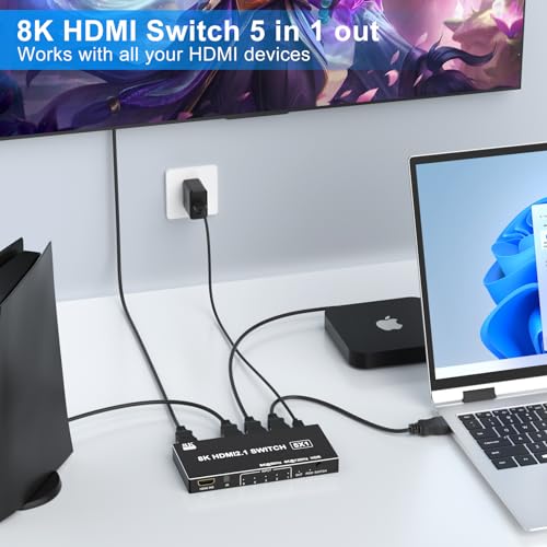 8K HDMI Switcher 5 in 1 Out, HDMI Splitter with IR Remote Switcher Selector Box Support 8K@60Hz 4K@120Hz, HDMI 2.1 Switch Compatible with PS 5/4/3 Xbox Switch Roku TV Fire Stick