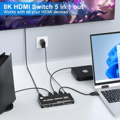 8K HDMI Switcher 5 in 1 Out, HDMI Splitter with IR Remote Switcher Selector Box Support 8K@60Hz 4K@120Hz, HDMI 2.1 Switch Compatible with PS 5/4/3 Xbox Switch Roku TV Fire Stick