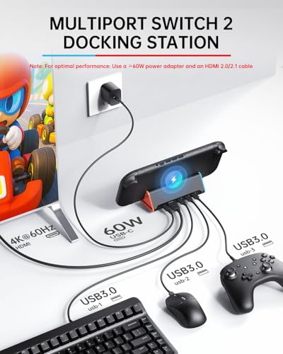 Switch 2 Dock with 60W Charger & HDMI Cable, 4K Portable Docking Station for Nintendo Switch2 Console, Travel TV Connector Stand Base, USB-C Charging Cable, AC Adapter Power Cord, Game Accessories Set