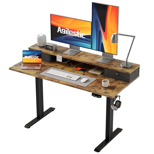 Agilestic 48 x 24 Inches Electric Standing Desk with 2 Storage Drawers, Adjustable Height Sit and Stand Computer Table with Splice Board, Rustic Brown - color: Rustic Brown, size: 48 x 24 Inches with 2 drawers
