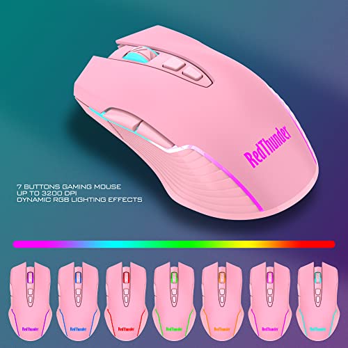 RedThunder K10 Wireless Gaming Keyboard and Mouse Combo, LED Backlit Rechargeable 3800mAh Battery, Mechanical Feel Anti-ghosting Keyboard + 7D 3200DPI Mice for PC Gamer (Pink) - color: Pink