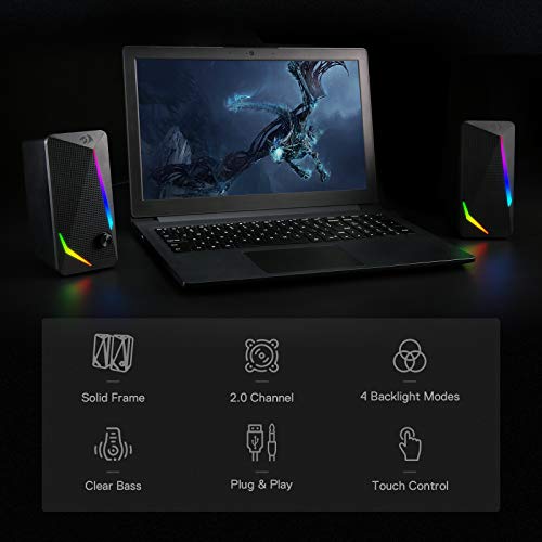 Redragon GS510 RGB Desktop Speakers, 2.0 Channel PC Computer Speaker with 4 Colorful LED Backlight Modes, Enhanced Bass and Easy-Access Volume Control, USB Powered w/ 3.5mm Cable - color: Black