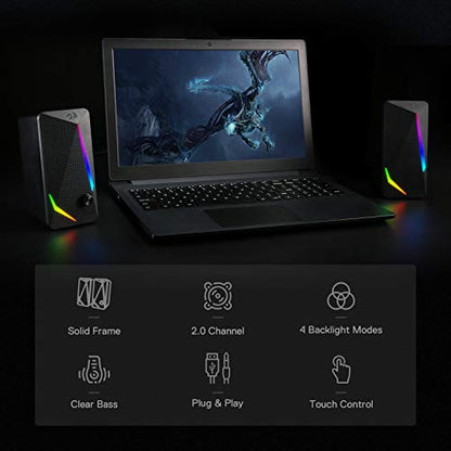 Redragon GS510 RGB Desktop Speakers, 2.0 Channel PC Computer Speaker with 4 Colorful LED Backlight Modes, Enhanced Bass and Easy-Access Volume Control, USB Powered w/ 3.5mm Cable - color: Black