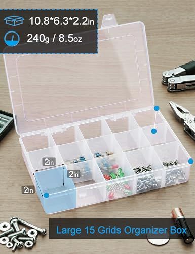 Hlotmeky Plastic Organizer Box with Dividers Bead Organizer 15 Large Grids Tackle box Organizer Clear Snackle Box Container