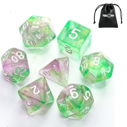 7-Die DND Dice Set Polyhedral Dice Set with a Leather Dice Bag, D&D Dice Set for RPG Table Games (Green Pink/Glitter) - color: Green Pink/Glitter