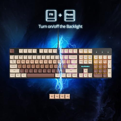 surmen Brown Wired Mechanical Keyboard Full-Size, 104-Key RGB Thocky Keyboard with Number Pad USB Retro PBT Keycaps for Win Gaming/Office (104 Coffee) - color: 104 Coffee