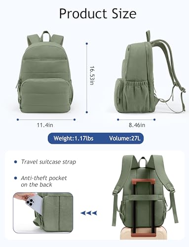 Uselike Travel Backpack for Women, 15.6 Inch Laptop Backpack, Quilted College Bookbag, Cute Work Backpacks, Water Resistant (Sage Green) - color: Sage Green