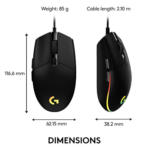 Logitech G G102 2nd Gen Light Sync Gaming Mouse, Wired, 8000 DPI, 6 Programmable Buttons, RGB, Black - color: Black