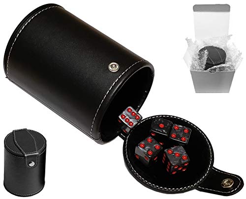 Cyber-Deals Set of 16mm Marbleized Dice and Black PU Leather, Velvet Lined Dice Cup with Storage Compartment (Gift Boxed) (Charcoal Dice, Black Lining Cup) - color: Charcoal Dice, Black Lining Cup