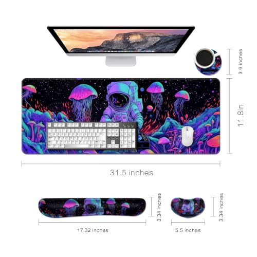 Desk Mat, Large Gaming Mouse Pad with Wrist Rest, 4 in1 XXL Mouse pad+Keyboard Wrist Rest+Mouse Pad Wrist Support+Cup Coaster Set, Ergonomic Desk Pad for Home Office,Spaceman - color: 87