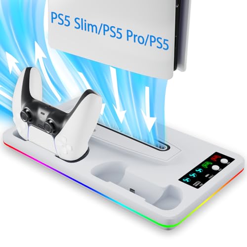 PS 5 Cooling Station and PS 5 Stand with RGB Controller Charging Station for PlayStation5Console, Controller Charger, Cooling Stand, PS5/Slim/Pro Accessories Kit with 3 Level Cooler Fan - color: RGB-white