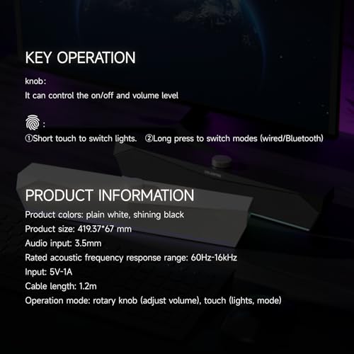 Computer Speakers, Gaming Soundbar for PC, USB Speakers, RGB Touch Lights | USB-A Powered 3.5mm Input, Compact Plug-and-Play for Desktop Laptop Monitor, Sound for Desktop, Laptop & Monitor