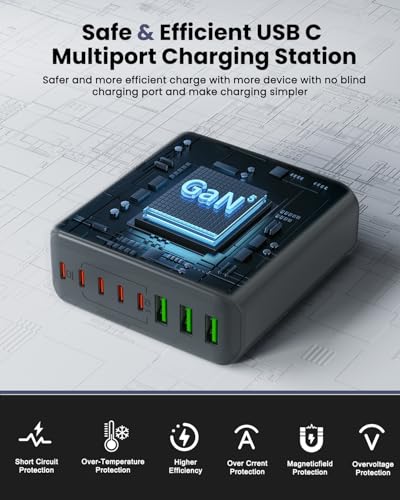 500W USB C Charger Block, 8-Port USB C Charging Station Fast Charging PD 120W PC Laptop Charger Adapter Compatible with MacBook Pro/Air/All iPad,DELL, iPhone 16/15/14/13/Pro Max/Galaxy - color: GREY