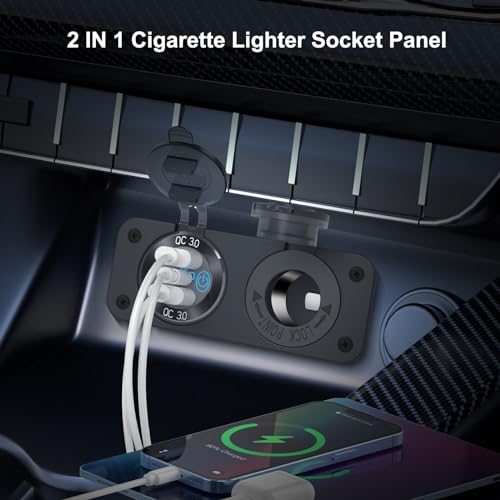 12V USB Outlet Marine Switch Panel 12 Volt Plug, PD3.0 & Dual Quick Charge 3.0 USB Ports Aluminum Car Charger with Power Switch, Waterproof 150W Cigarette Lighter Socket 2 in 1 DIY Kit for Boat RV ATV - color: Charger+Socket