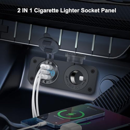 12V USB Outlet Marine Switch Panel 12 Volt Plug, PD3.0 & Dual Quick Charge 3.0 USB Ports Aluminum Car Charger with Power Switch, Waterproof 150W Cigarette Lighter Socket 2 in 1 DIY Kit for Boat RV ATV - color: Charger+Socket