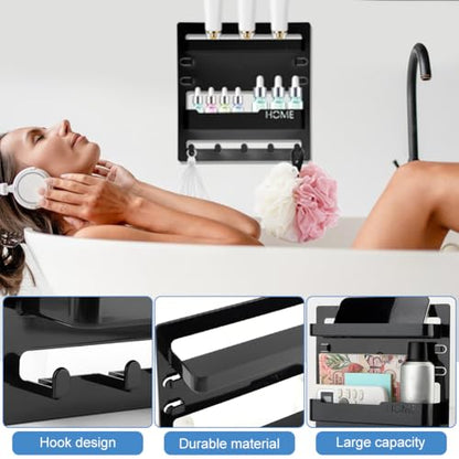 Bedside Shelf Wall Mount & Wall Nightstand for Bedroom,9 * 9.45inch Adhesive Nightstand Wallshelf with 5 Hooks,Wall Mount Shelf for Charging Station and Remote Control Holder(Black) - color: Black