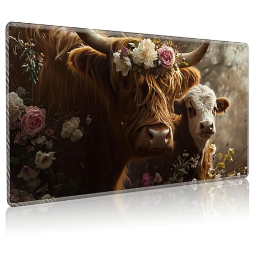 Playmat for MTG, 24 x 14 inches Game Play Mat for MTG TCG and Other Card Games, Trading Card Game Play Mat Desk Mats with Stitched Edges Non-Slip Base, Highland Cow Floral - color: Highland Cow Floral, size: Regular