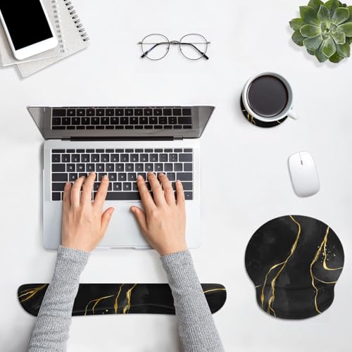 Ergonomic Mouse Pad Set with Wrist Rest, Black Gold Marble | Abstract Modern Non-Slip Rubber Base Wrist Cushion Support and Coasters Mousepad with Wrist Support for Computer Keyboard - color: Black Marble
