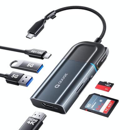 QUUGE USB-C Hub, 6 in 1 4K HDMI Dock, 100W PD, SD/TF Card Reader, Laptops | 100W PD input, 10Gbps data port, SD and TF card access, screen privacy button, aluminum housing, for travel and hybrid work - style: QC601【1 × HDMI + 2 × USB-A + PD 100W + SD & TF