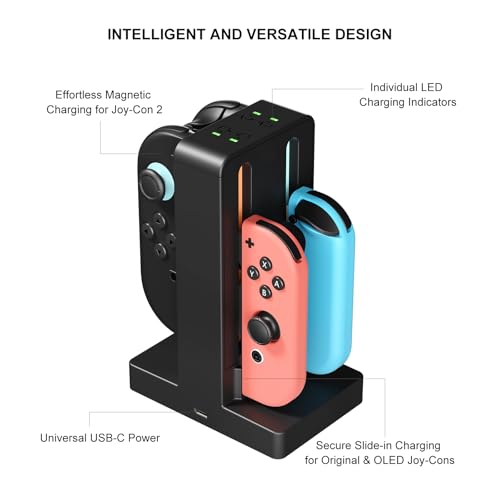 Joycon Charger Dock for 4 Switch Controllers, Charger Dock Compatible with Nintendo Switch & OLED Model Joycons, Joycon Charger Stand Station with Charging Cable