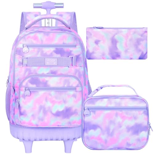 3Pcs Rolling Backpack for Girls Women, Travel Roller Backpacks with Wheels for Adults, Teens College Tie-Dye Wheeled Bookbag with Lunch Box(Purple) - color: Pink Purple