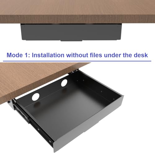 Under Desk Slide out Drawer 13.4" Wide with Cable Management | Steel Pull Out Add-On Storage Organizer for Office & Standing Desks with High Crossbar, 13.4" W x 9.3" D ,Black (Medium)