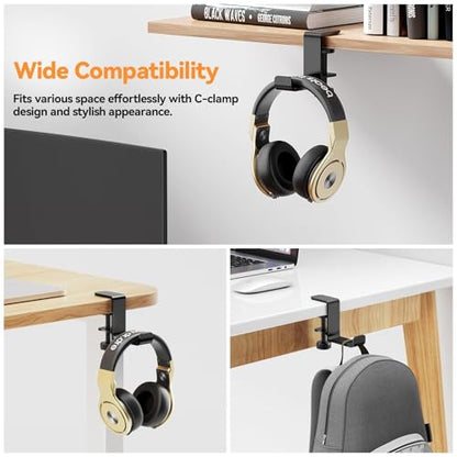 Headphone Hanger Holder Stand -Under Desk Headphone Hanger， Headset Hook Holder with Foldable，Space-Saving Aluminum Stand with Universal Fit for Gaming PC Accessories (Black-1PCS)