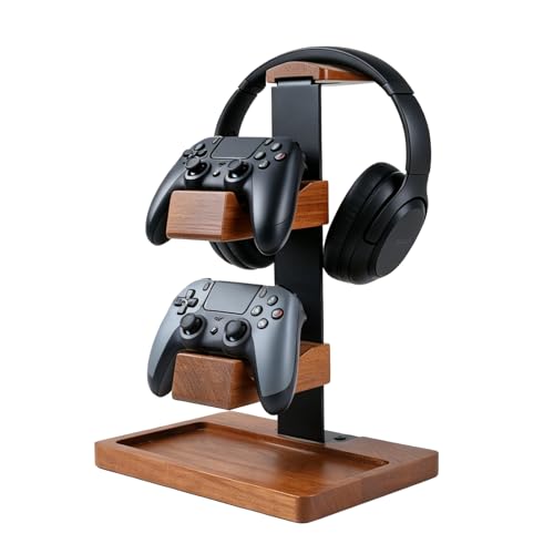 Headset Stand with Gaming Controller Holder, Wood Headphone Stand with Storage Base, Gaming Equipment Accessories for Desk