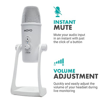 Movo UM700W White Desktop USB Microphone for Computer - Studio Mic with 4 Pickup Patterns - USB Gaming Microphone for PC, Mac, and Android - Best Mic for Podcast Recording and Streaming Setup