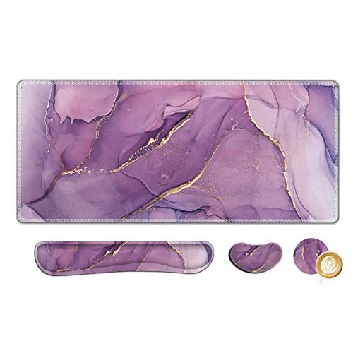 AIMSA Large Gaming Mouse Pad Set, Keyboard Wrist Rest Support Mouse Pad, Ergonomic Memory Foam Multifunctional Extended Desk Mat 35x15.7in Anti-Slip Rubber Base for Office Home, Purple Marble - color: Purple Marble