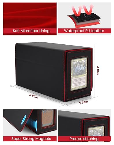 MRAUF MTG Deck Box with Double Commander Display and Dice Tray, Fits 200+ Double Sleeved Cards, Card Storage Box Plus 2 Magnetic Holders& 100Pcs Card Sleeves (Black& Red) - color: Black& Red