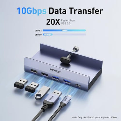BENFEI 8-in-1 USB C Hub with Secure Clamp – Features 4K@60Hz HDMI, Gigabit Ethernet, 100W PD, 10Gbps 1x USB-C, 2 x USB-A 3.2, 2 x USB-A 2.0 Compatible with MacBook, iPad Pro, iMac, S23, XPS17 - color: Gray, size: 8-in-1