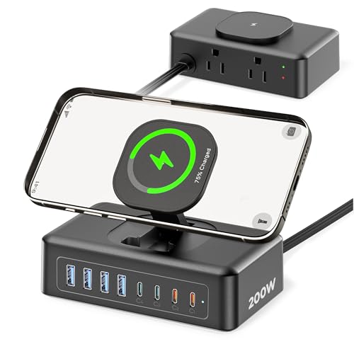 200W USB Charging Station, 11-in-1 USB C Power Strip Surge Protector, 2AC Outlets & 8USB Ports, 5ft Flat Plug Extension Cord with Multiple Devices, Desktop Charger for Home Office Desk Accessories - color: Black&Blue
