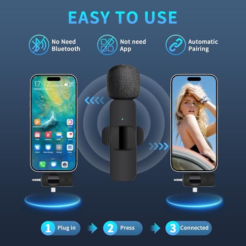 3 in 1 Wireless Lavalier Microphone for iPhone, Android, Camera, 12Hour Battery, Noise Reduction Recording Mic 2.4G Ultra-Low Delay, Mini Microphone for Vlog/TikTok/YouTube Live Stream(2 Mic)