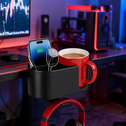 MYITYARD 4 in 1 Desk Cup Holder, Clamp On Drink Holder with Headphone Hanger, Anti-Spill Clip on Desk Organizer for Pen Phone Mug, Gaming Office Desk Accessories fits Most Desks - color: Black-2 with Headphone Hanger