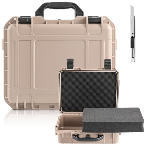 Relaxweex 1 Pcs Waterproof Hard Case with DIY Customizable Foam Insert Portable Protective Case with Knife for Camera Drones Equipments Tools Test Instruments(Tan,11.3 x 8.7 x 4.2 Inch) - color: Tan, size: 11.3 x 8.7 x 4.2 Inch