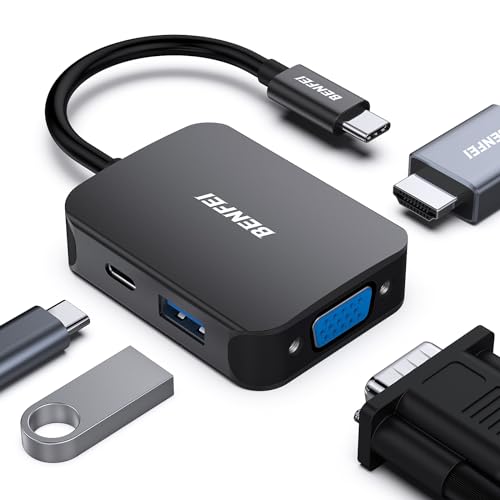 BENFEI USB C HUB 4in1, USB Type-C to HDMI VGA Adapter, USB C to USB Adapter, USB Type-C Power Delivery, Compatible with iPhone 15 Pro/Max, MacBook Pro/Air 2023, iPad Pro, iMac, S23, XPS 17 - color: Black, size: 4-in-1