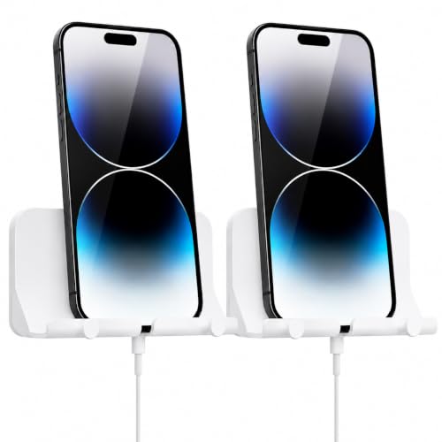 Wall Mount Phone Holder with Cable Hole & Hooks, Adhesive Wall Phone Holder, Phone Charging Dock & Organizer for Bedroom, Bathroom, Kitchen, Office, Dorm & RV (2 Pack-White) - color: 2 Pack-W