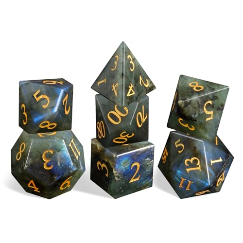 LUCKY-M Labradorite Gemstone DND Dice Set, 7 PCS Dungeons and Dragons Dice with Case for RPG, Unique Stone Dice Set D&D D4 D6 D8 D10 D00 D12 D20(LD-Gold) - color: Ld-gold