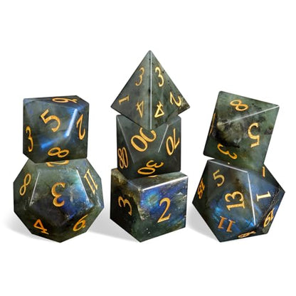 LUCKY-M Labradorite Gemstone DND Dice Set, 7 PCS Dungeons and Dragons Dice with Case for RPG, Unique Stone Dice Set D&D D4 D6 D8 D10 D00 D12 D20(LD-Gold) - color: Ld-gold