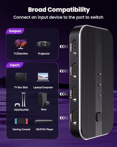 HDMI Switch 3 in 1 Out 4K@60Hz, 3 Port HDMI Switch 3 in 1 Out with Remote Support HDCP2.2 Compatible with Dolby Nintendo Switch PS5/4/3 Xbox Roku TV Fire Stick Blu-Ray Player
