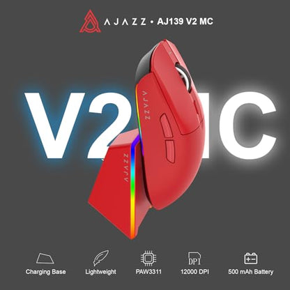 AJ139 V2 MC Wireless Gaming Mouse 2.4G Wired/Bluetooth | RGB Magnetic Charging Dock | Lightweight Design | 12K DPI | 500mAh Battery | PAW3311 Sensor | 5 Programmable Buttons, Compatible with PC/Mac - color: Red