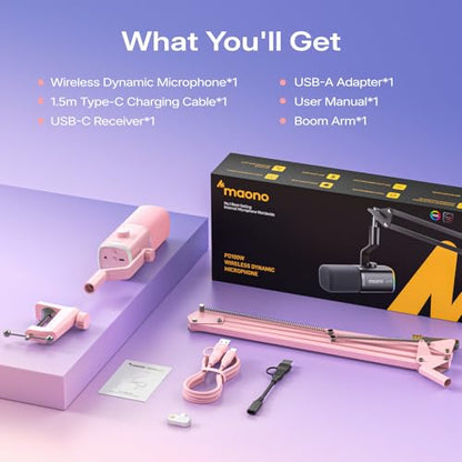 MAONO PD100W USB Wireless Dynamic Microphone for PC, Gaming Streaming Podcast Mic with Noise Reduction,Custom RGB, Mute，Volume Control, Computer Boom Mic for Vocal Recording, Pink