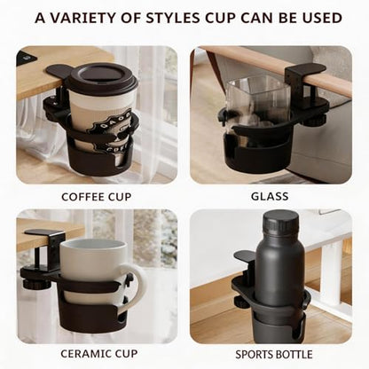 No Drill Desk Cup Holder Clamp, 360° Rotating Anti-Spill Table Cup Holder, Adjustable Clip on Cup Holder for Gaming Desk, Gamer Gift, Drink Holder for Coffee Cup, Office Accessories