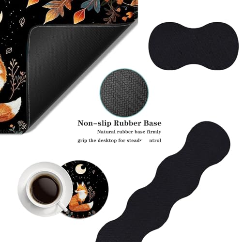 Mouse Pad,Large Desk Mat Set, 4in1 XL Mousepad + Keyboard Wrist Rest+Mouse Wrist Rest+Coaster with Ergonomic Desk Pad for Home Office Table Computer Cover -Cute Fox Moon with Plants - color: Cute Fox Moon with Plants