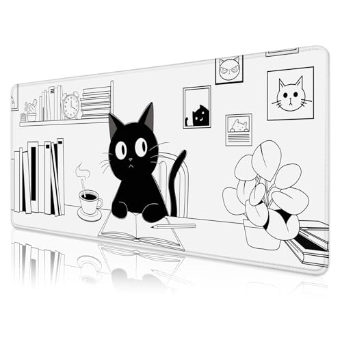 Gaming Mouse Pad for Computer,Large Mouse Pads for Desk Keyboard, Black Anime Cat Desk Mat Laptop,Cute XXL Waterproof Keyboard Pad,Extended Big Non-Slip Rubber Mousepad (Black Cat) - color: Black Cat