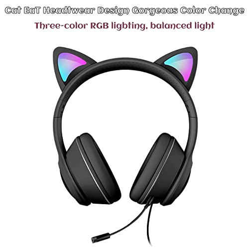 Cat Ear Gaming Headphones Wired AUX 3.5mm with LED Light, VIGROS Flashing Stereo Game Headphones Surround Sound Over-Ear Headsets with Microphone Fit Kids & Adult for PC, PS4, Switch, Mobile, Laptop - color: Black