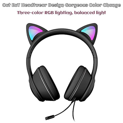 Cat Ear Gaming Headphones Wired AUX 3.5mm with LED Light, VIGROS Flashing Stereo Game Headphones Surround Sound Over-Ear Headsets with Microphone Fit Kids & Adult for PC, PS4, Switch, Mobile, Laptop - color: Black